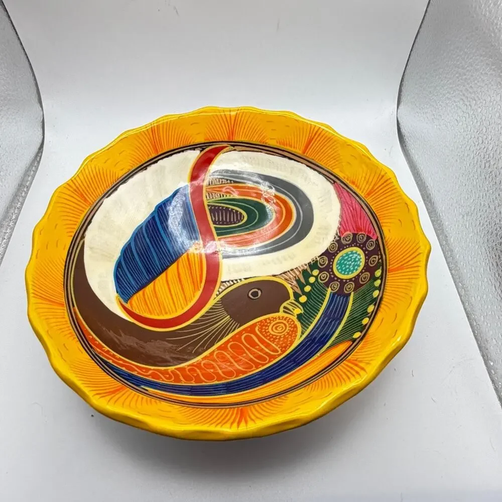 Art Pottery Scalloped Bowl Vintage Mexican Folk Art Hand Painted Bird Motif 10